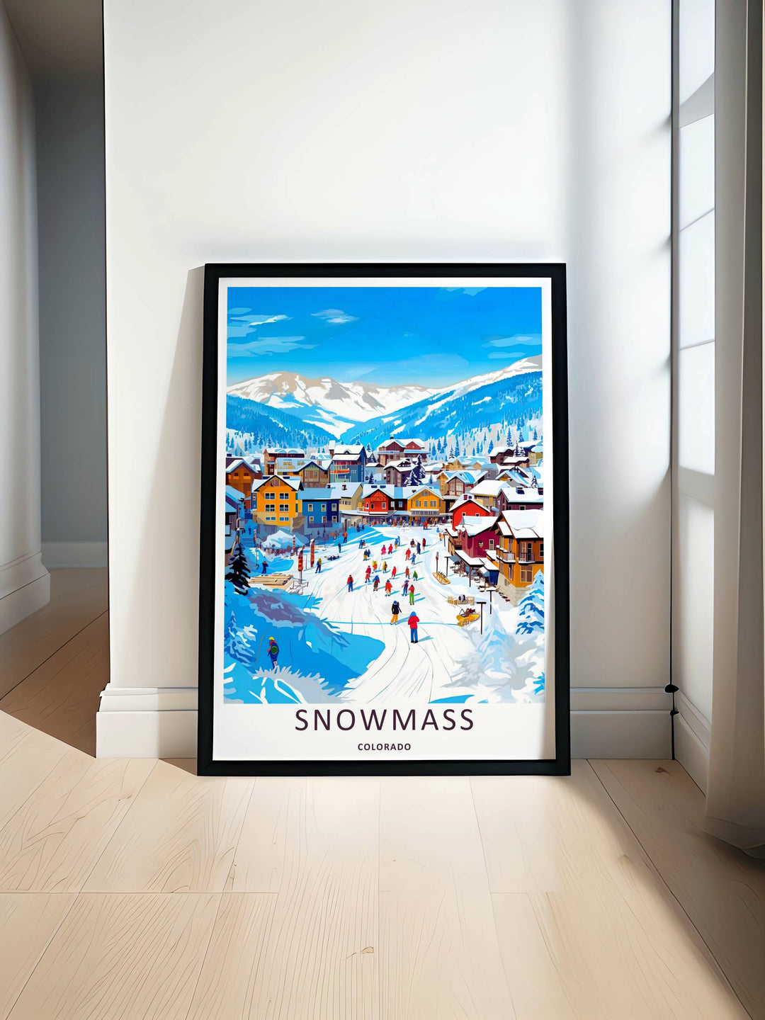 Minimalist Snowmass Colorado travel poster of the iconic ski village scene looking toward the Rocky Mountains without text, customizable as a textured canvas piece or a wood framed wall accent.