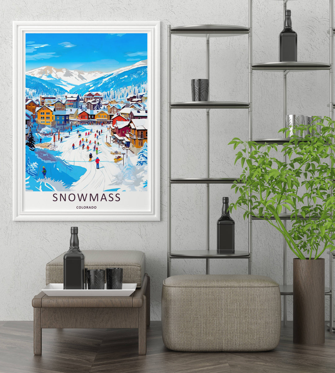 A bold graphic travel poster capturing the vibrant slopeside chalets and crisp white trails of Snowmass Colorado, ready to order as an unframed print or a natural wood framed art piece.