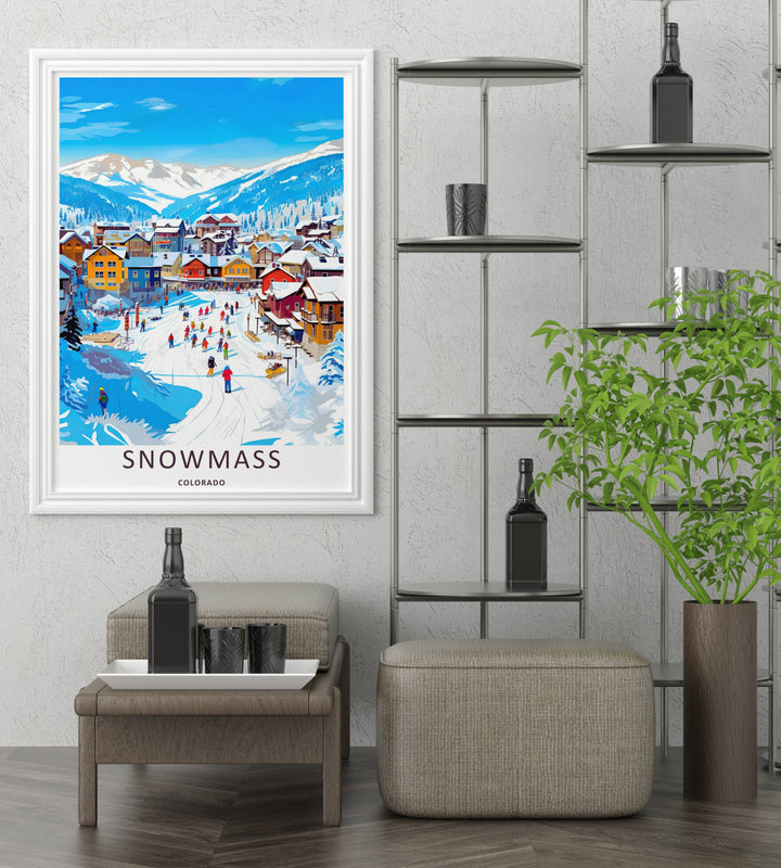 A bold graphic travel poster capturing the vibrant slopeside chalets and crisp white trails of Snowmass Colorado, ready to order as an unframed print or a natural wood framed art piece.