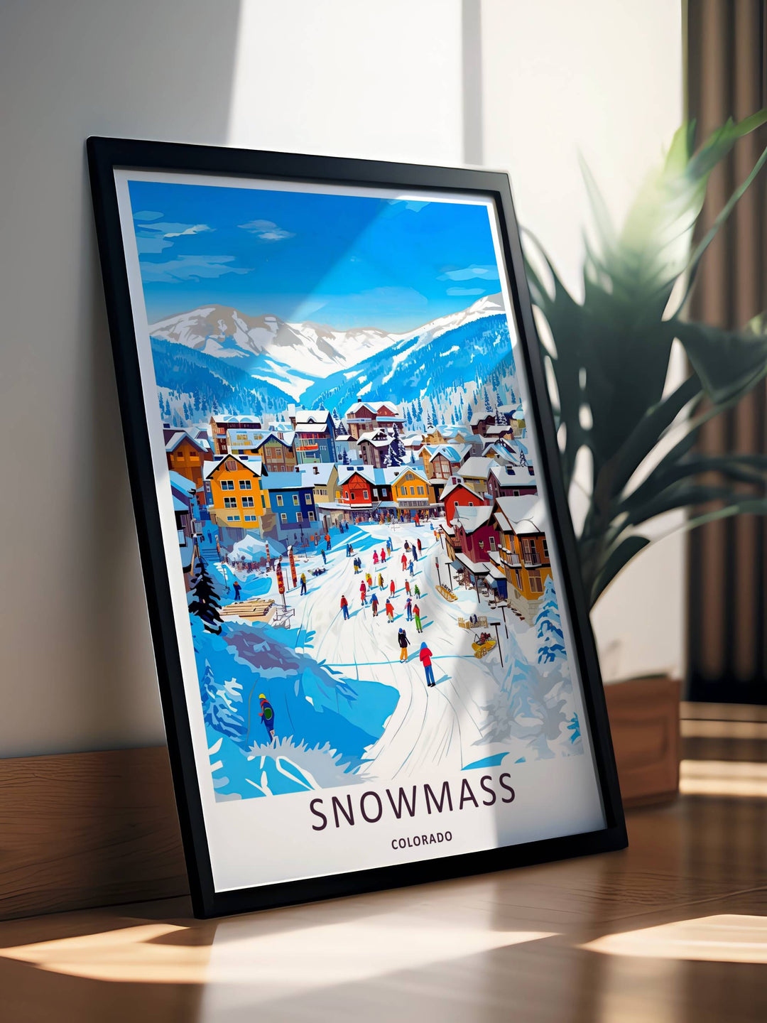 A stunning ski resort theme print showcasing bold color blocking and snowy rooftops framing the bustling village of Snowmass Colorado, available in flexible unframed, canvas, or framed layouts.