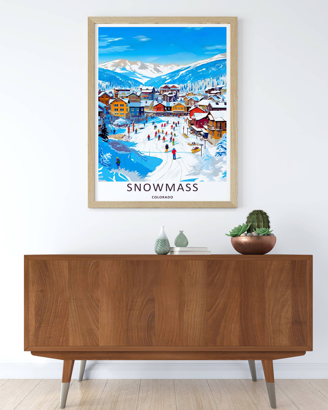 Colorful graphic illustration print of the world-famous winter wonderland town layout and active trails of Snowmass Colorado, crafted as a premium canvas wall print or a luxury gold framed gallery piece.