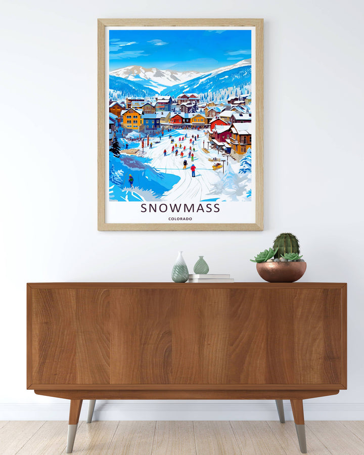 Colorful graphic illustration print of the world-famous winter wonderland town layout and active trails of Snowmass Colorado, crafted as a premium canvas wall print or a luxury gold framed gallery piece.