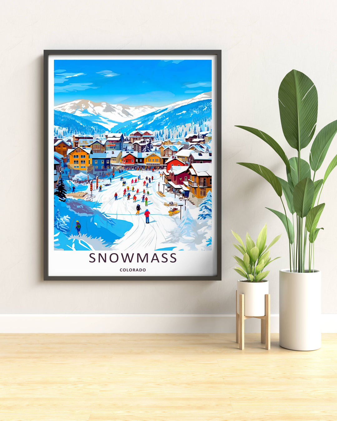 Modern wall art featuring a retro mid-century style layout of a festive ski town nestled in the valley of Snowmass Colorado, which can be ordered as a stretched canvas or a pure gold frame.