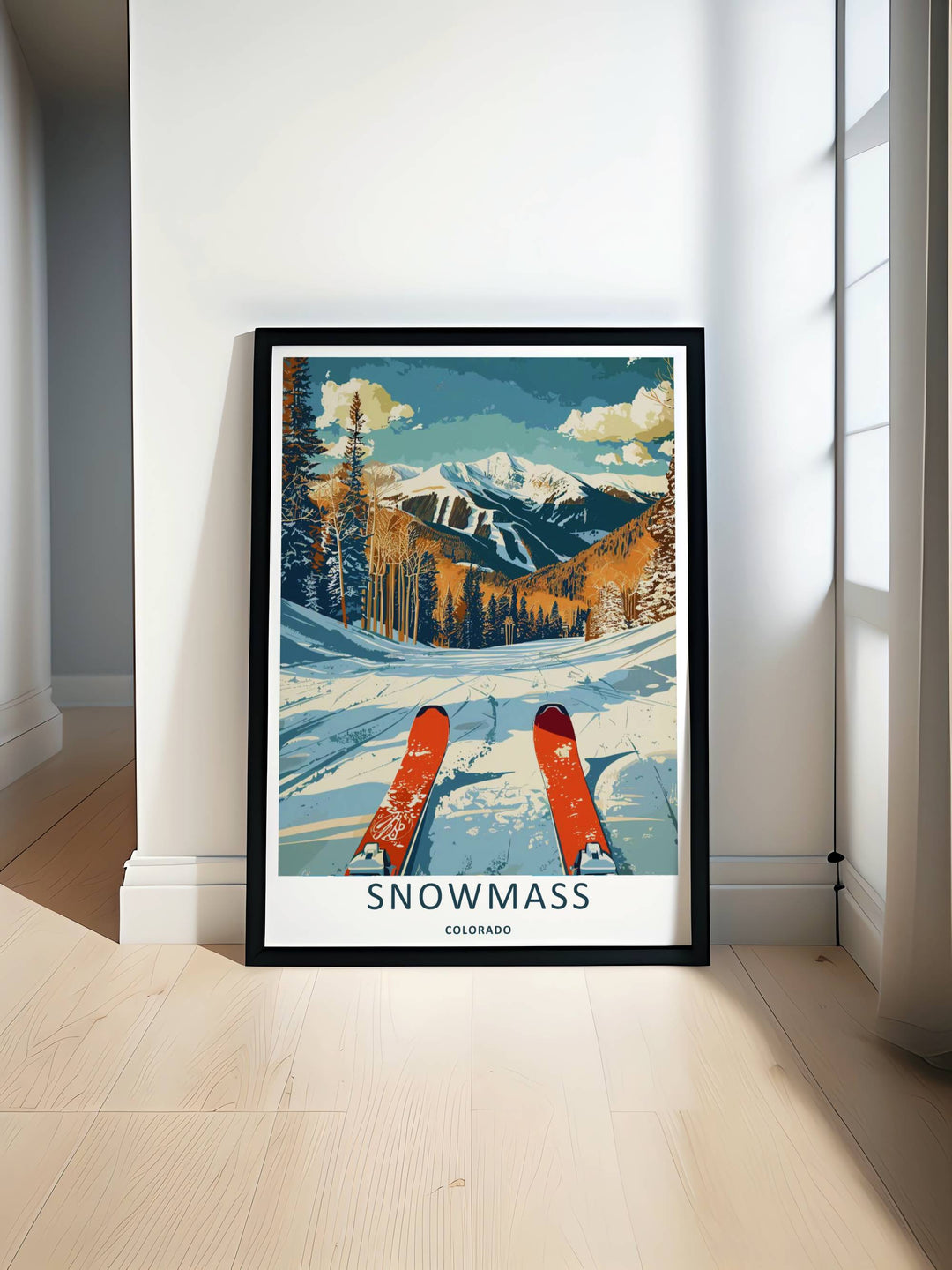 Minimalist Snowmass Colorado travel poster of the iconic downhill skiing scene overlooking the Rocky Mountains without text, customizable as a textured canvas piece or a wood framed wall accent.