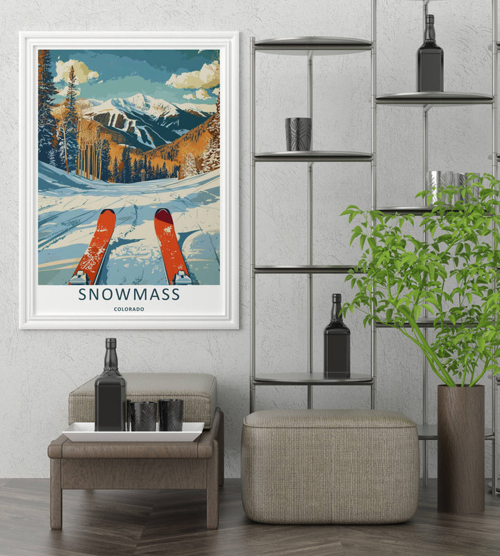 A detailed artistic Snowmass Colorado travel poster displaying a dynamic first-person skiing viewpoint in the Rocky Mountains, selectable as an elegant canvas format or a loose matte poster print.