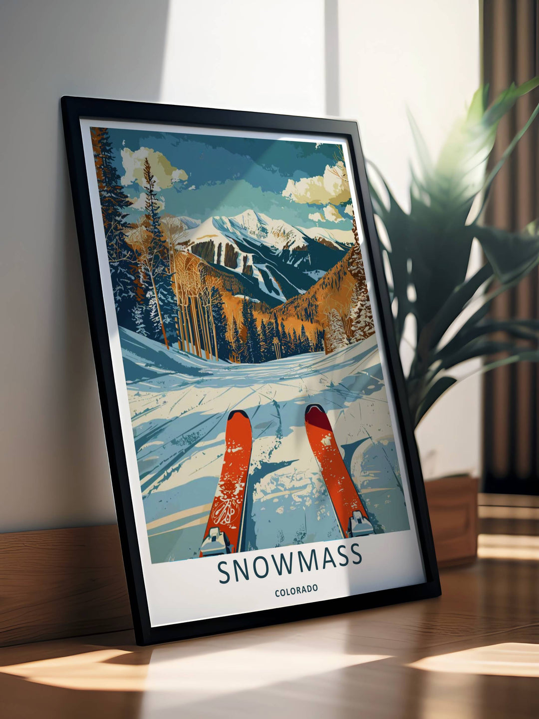 A stunning ski resort theme print showcasing bold color blocking and snow-capped peaks framing the downhill trails of Snowmass Colorado, available in flexible unframed, canvas, or framed layouts.