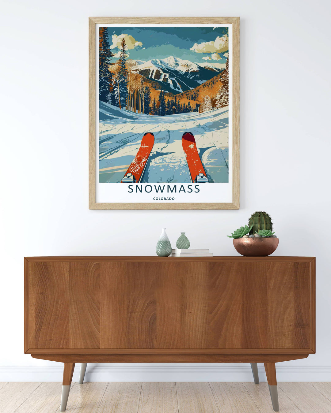 Colorful graphic illustration print of the world-famous winter wonderland scenery and slopeside runs of Snowmass Colorado, crafted as a premium canvas wall print or a luxury gold framed gallery piece.