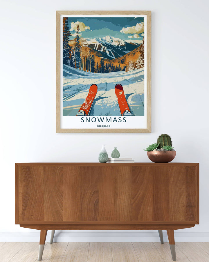 Colorful graphic illustration print of the world-famous winter wonderland scenery and slopeside runs of Snowmass Colorado, crafted as a premium canvas wall print or a luxury gold framed gallery piece.