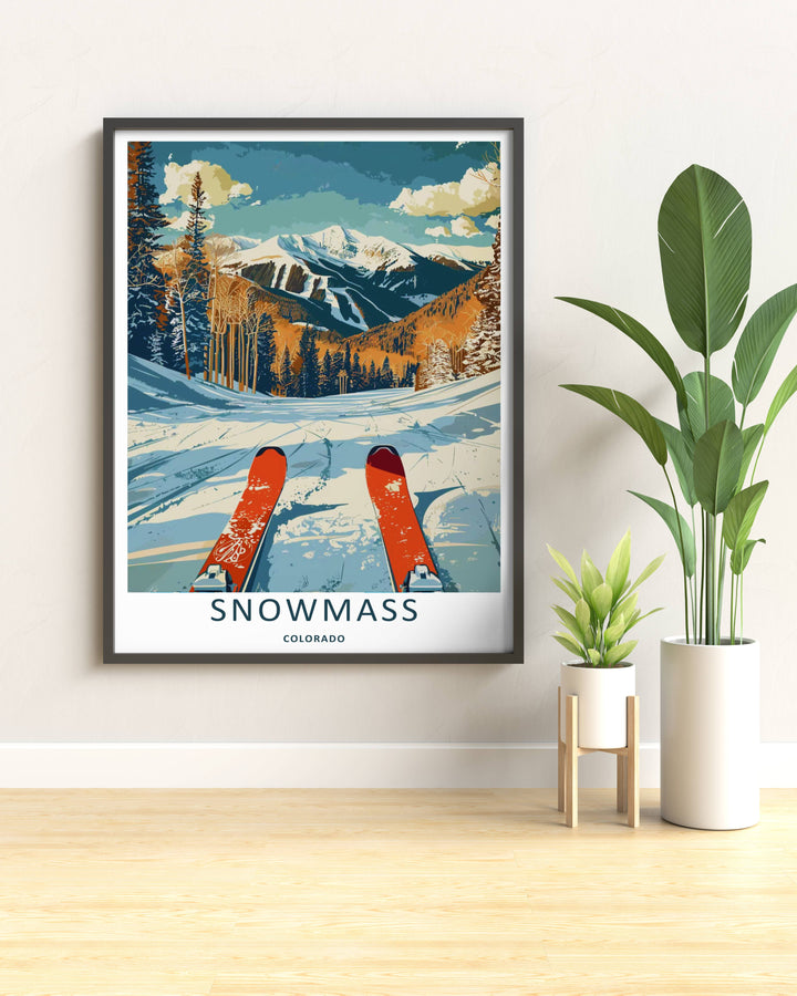 Modern wall art featuring a retro mid-century style layout of a first-person skier overlooking a mountain valley in Snowmass Colorado, which can be ordered as a stretched canvas or a pure gold frame.