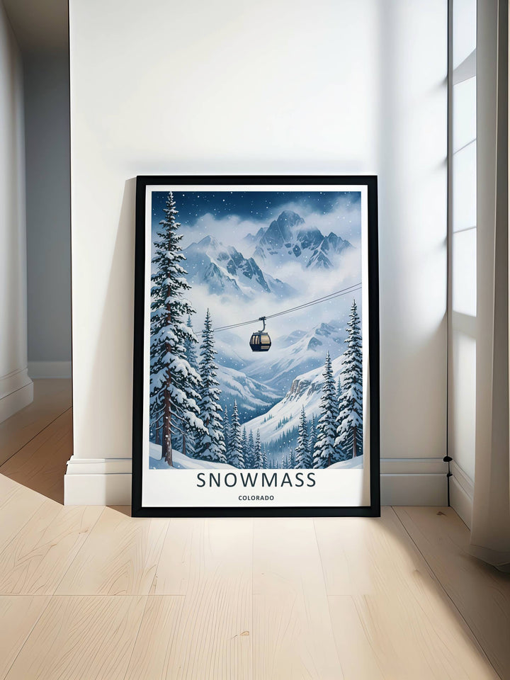 Minimalist Snowmass Colorado travel poster of the iconic ski gondola scene overlooking the Rocky Mountains without text, customizable as a textured canvas piece, an art print, or a wood framed wall accent.