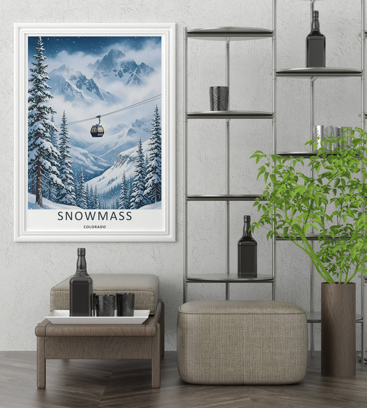 A bold vector graphic travel poster capturing the historic alpine trails and dramatic mountain ridges of Snowmass Colorado, ready to order as an unframed print or a natural wood framed wall art piece.