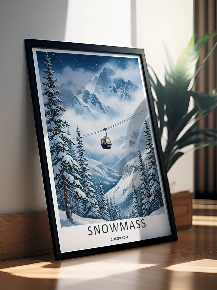 Colorful graphic illustration print of the world-famous winter wonderland scenery and slopeside lifts of Snowmass Colorado, crafted as a premium canvas wall print, an unframed poster, or a luxury gold framed gallery piece.