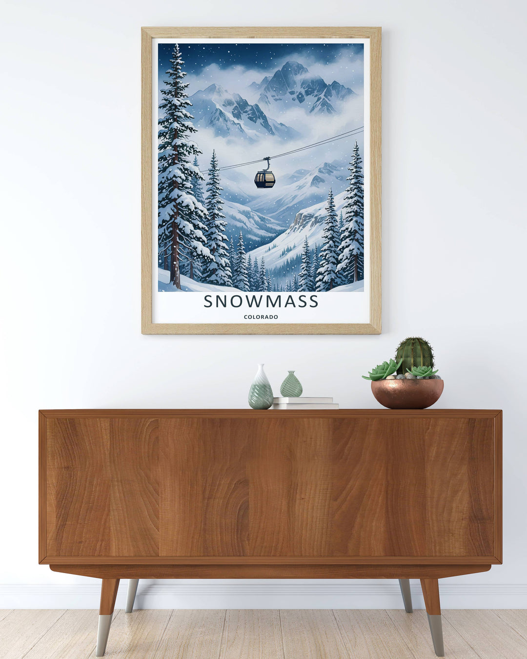 Modern wall art featuring a retro mid-century style layout of a ski resort lift line in Snowmass Colorado, which can be ordered as a stretched canvas format, a standalone poster, or a pure gold frame.