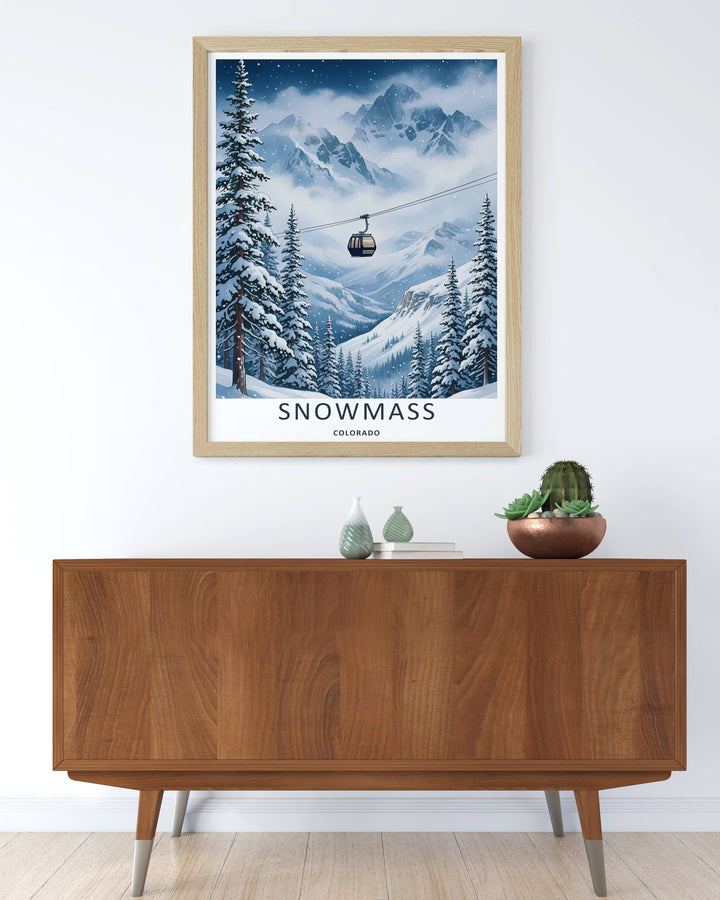 Modern wall art featuring a retro mid-century style layout of a ski resort lift line in Snowmass Colorado, which can be ordered as a stretched canvas format, a standalone poster, or a pure gold frame.