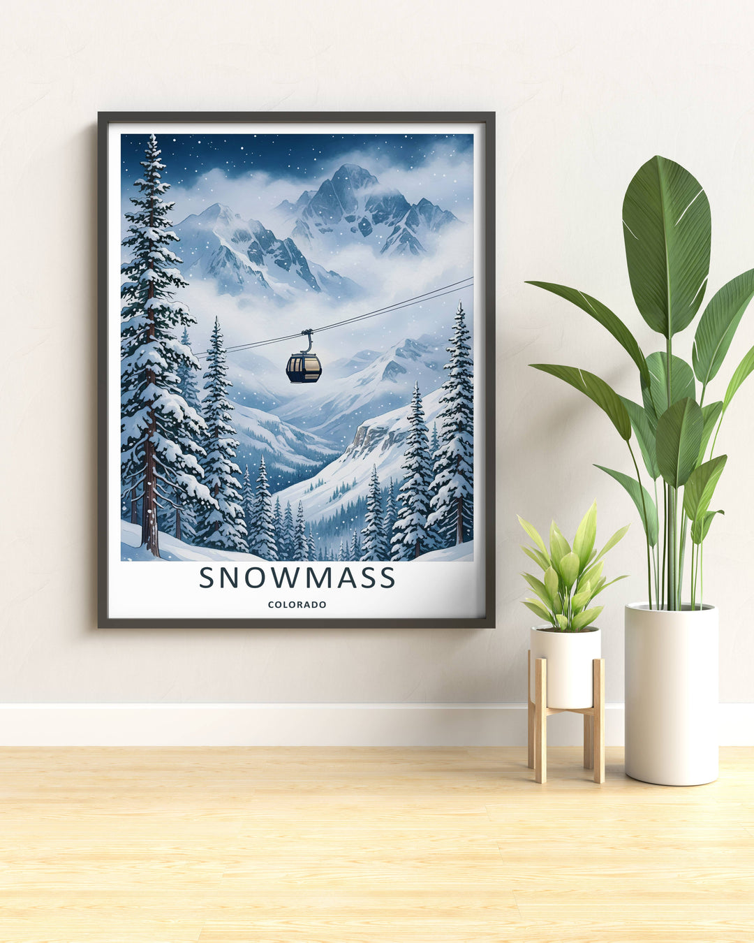 An elegant midwest print style of the scenic Rocky Mountains in Snowmass Colorado during a peaceful winter storm, offered as an unframed print, a wrapped canvas, or a premium retro black framed art finish.
