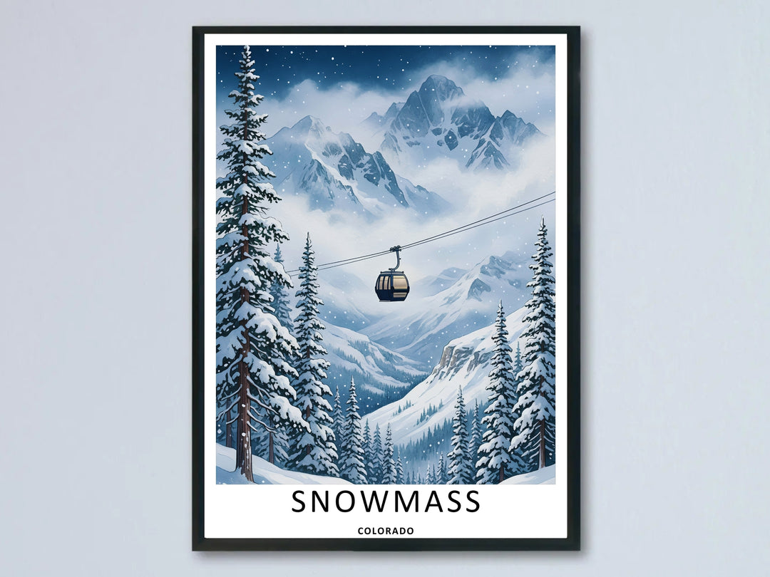 A beautiful Snowmass Colorado ski gondola mountain art print highlighting a retro style ski cabin lift gliding over a snowy pine tree valley with majestic rocky peaks hidden in winter clouds.