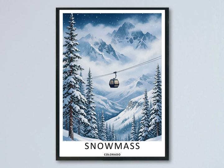 A beautiful Snowmass Colorado ski gondola mountain art print highlighting a retro style ski cabin lift gliding over a snowy pine tree valley with majestic rocky peaks hidden in winter clouds.