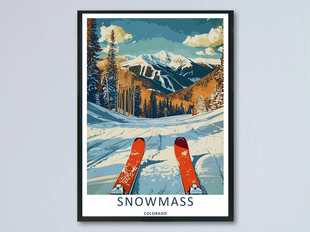 A beautiful Snowmass Colorado retro ski slopes art print highlighting a first-person point-of-view look past bright red skis onto a snowy mountain trail framed by golden autumn aspen trees.