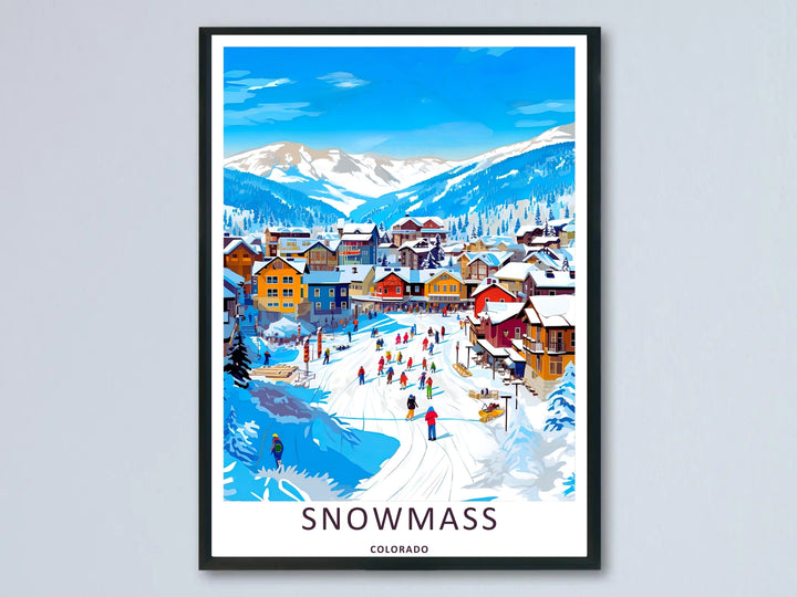 A beautiful Snowmass Colorado ski village art print highlighting a retro style ski resort town filled with multi-colored alpine chalets and active downhill skiers under a bright blue winter sky.