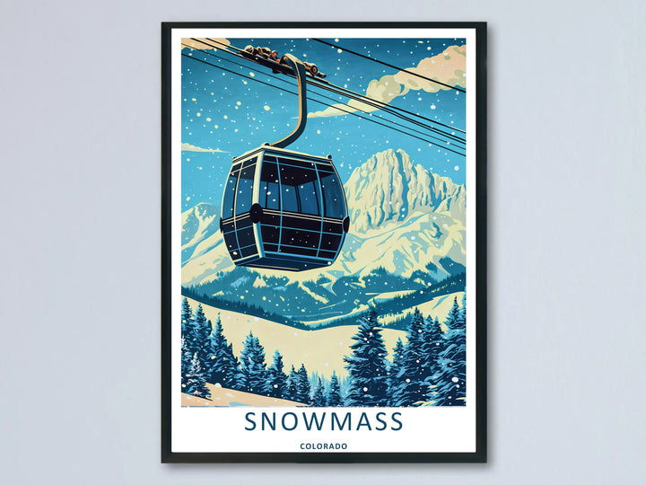 A beautiful Snowmass Colorado ski lift mountain art print highlighting a retro style gondola cabin climbing over a snowy pine tree valley with majestic rocky peaks under a teal blue winter sky.
