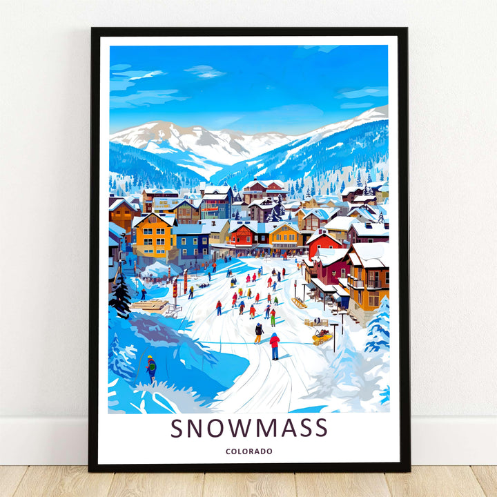 Minimalist Snowmass Colorado travel poster of the iconic ski village scene looking toward the Rocky Mountains without text, customizable as a textured canvas piece or a wood framed wall accent.