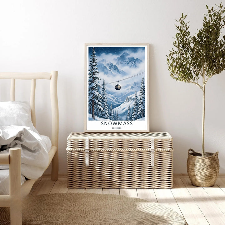 High-contrast vector artwork of a retro gondola carriage overlooking snow-covered pine forests in Snowmass Colorado, custom made as a canvas print, standalone print, or a retro white framed poster layout.
