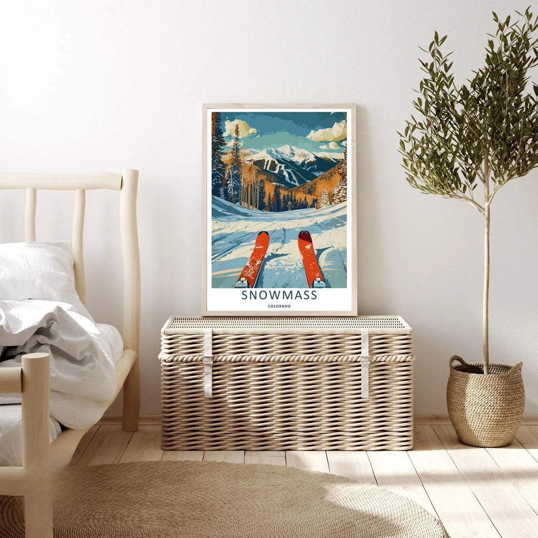 An elegant print style of the scenic Rocky Mountains in Snowmass Colorado during a beautiful sunny winter day, offered as an unframed print, a wrapped canvas, or a premium retro black framed art finish.