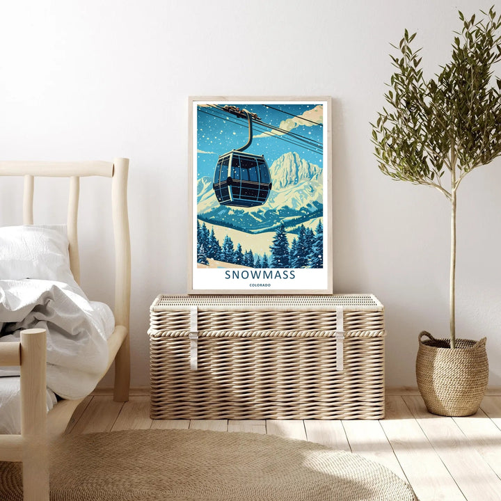 An elegant print style of the scenic Rocky Mountains in Snowmass Colorado during a beautiful winter storm, offered as an unframed print, a wrapped canvas, or a premium retro black framed art finish.