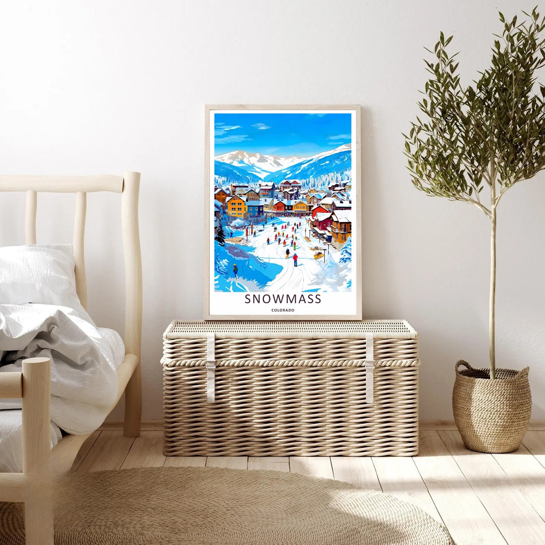 An elegant print style of the scenic Rocky Mountains rising above a colorful alpine resort village in Snowmass Colorado, offered as an unframed print, wrapped canvas, or retro black frame finish.