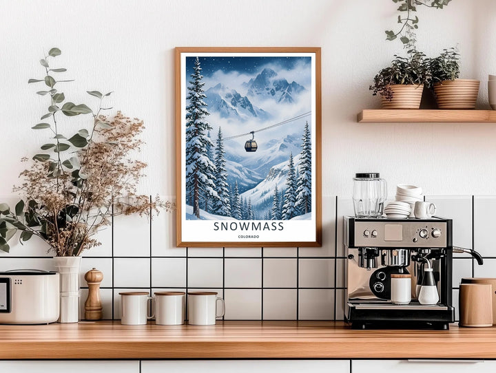 A stunning ski resort theme print showcasing fluid mountain geometry and snow-capped trees framing the peak slopes of Snowmass Colorado, available in flexible unframed, canvas, or framed layouts for home decor.