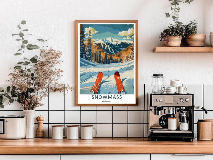 High-contrast graphic artwork of a retro downhill skiing perspective overlooking golden forests in Snowmass Colorado, custom made as a canvas print, standalone print, or a retro white framed poster.