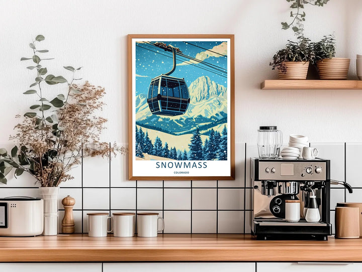High-contrast vector artwork of a retro gondola lift line ascending above snow-covered pine forests in Snowmass Colorado, custom made as a canvas print, standalone print, or a retro white framed poster.