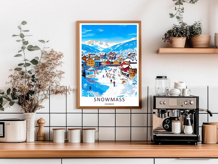 High-contrast graphic artwork of a bustling downhill winter skiing scene surrounded by vibrant chalets in Snowmass Colorado, custom made as a canvas print, standalone print, or retro white frame.