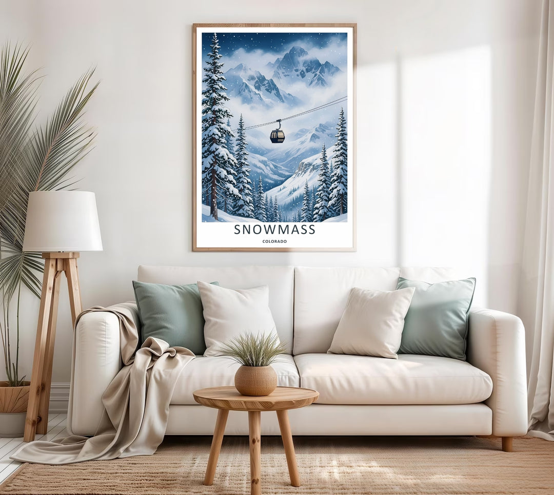 A colorful nature and geometric design of the historic ski resort trails and mountain peaks in Snowmass Colorado, available in a variety of presentation formats including canvas and bronze frames.