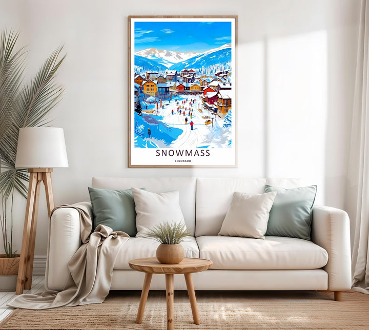 A colorful nature and architectural design of the historic ski resort trails and mountain peaks in Snowmass Colorado, available in a variety of presentation formats including canvas and bronze frames.