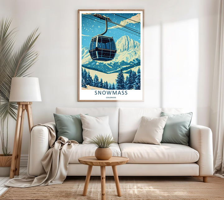 A colorful nature and geometric design of the historic ski resort lifts and mountain peaks in Snowmass Colorado, available in a variety of presentation formats including canvas and bronze frames.