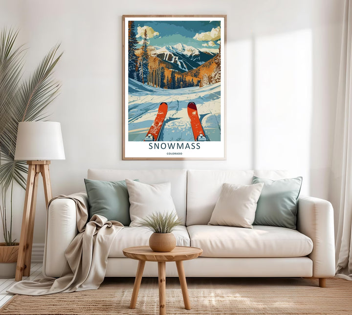 A colorful nature and geometric design of the historic ski resort trails and mountain peaks in Snowmass Colorado, available in a variety of presentation formats including canvas and bronze frames.