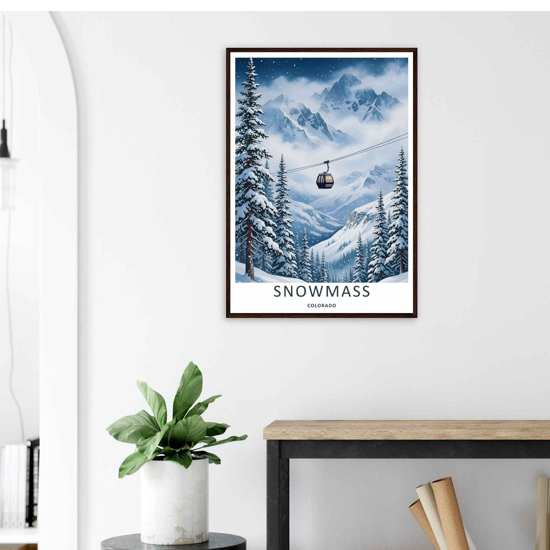 A stylized landscape print displaying a vintage vector style Snowmass Colorado alpine ridge line looking toward the valley, with options to purchase as an unframed print, canvas, or a luxury silver frame.