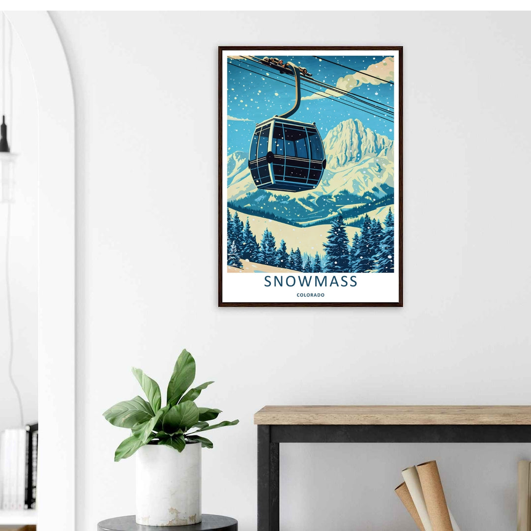 A stylized landscape print displaying a vintage vector style Snowmass Colorado alpine ridge line looking down over the valley, with options to purchase as an unframed print, canvas, or a luxury silver frame.