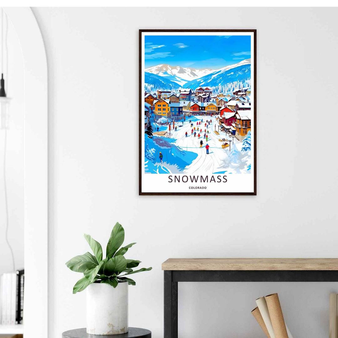 A stylized landscape print displaying a vintage style Snowmass Colorado neighborhood panorama looking toward the snowy valley, with options to purchase as an unframed print, canvas, or a luxury silver frame.