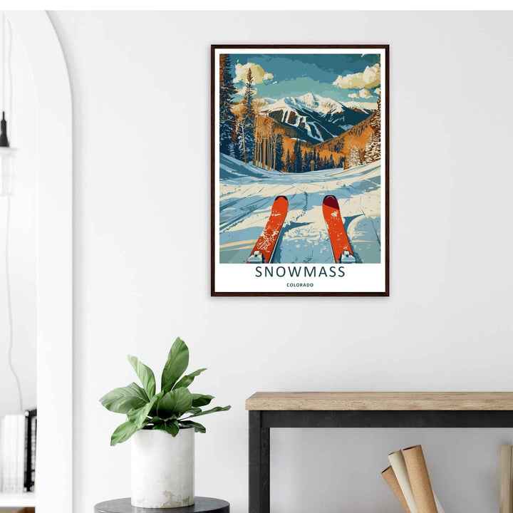 A stylized landscape print displaying a vintage style Snowmass Colorado alpine ridge line looking down from the slopes, with options to purchase as an unframed print, canvas, or a luxury silver frame.