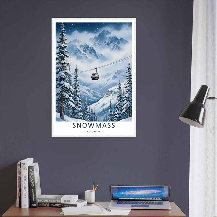 A unique retro travel illustration of the jagged winter peaks in Snowmass Colorado seen through a gentle flurry of white snow with a vintage gondola suspended high above frosted evergreen trees.
