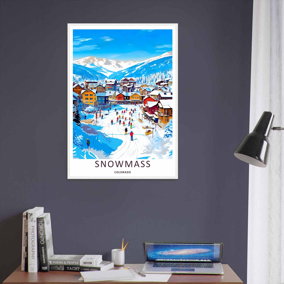 A unique retro travel illustration of the bustling base village in Snowmass Colorado seen from an elevated perspective with skiers weaving through bright yellow, orange, and red lodges.