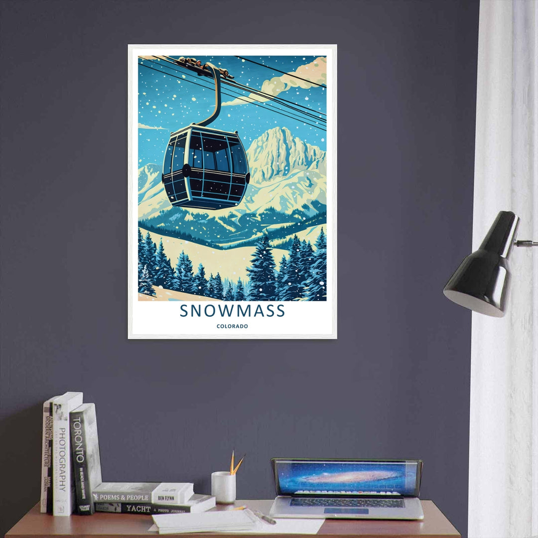 Bright and colorful winter decor featuring a vintage grid-windowed gondola lift suspended over the mountain resort valley of Snowmass Colorado, purchasable as a wrapped canvas or a premium white frame.