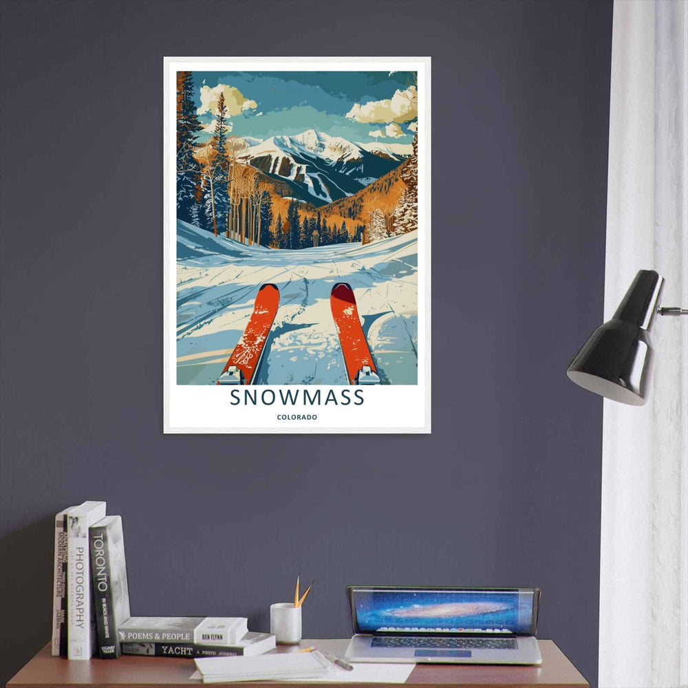 A unique retro travel illustration of the majestic snow-capped peaks in Snowmass Colorado seen from a downhill skier's perspective on a fresh powder run under a bright teal winter sky.