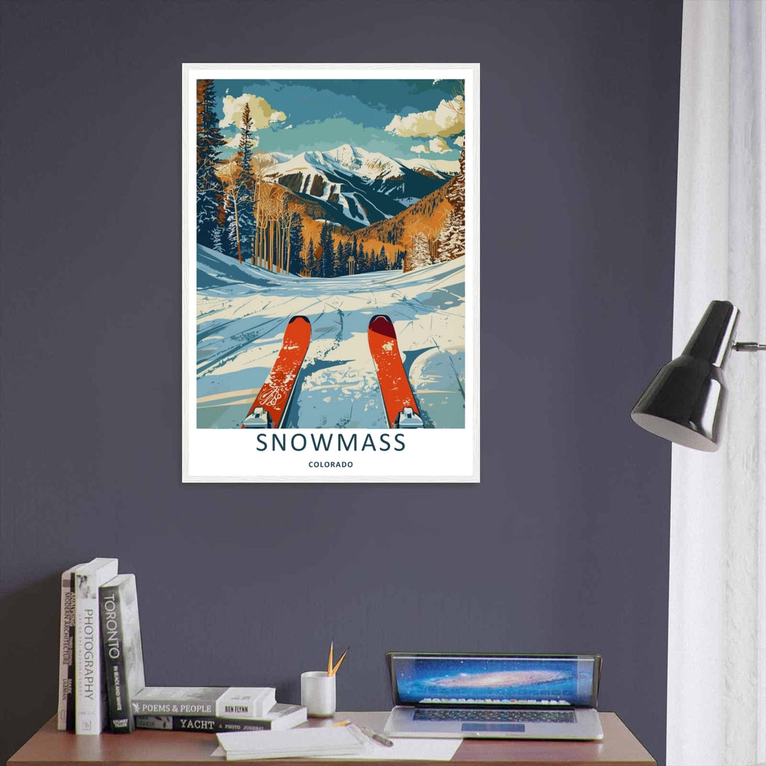 A unique retro travel illustration of the majestic snow-capped peaks in Snowmass Colorado seen from a downhill skier&