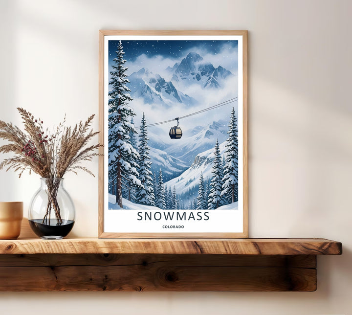 Bright and colorful winter decor featuring snow-laden pine trees framing a classic ski lift cabin over the mountain resort valley of Snowmass Colorado, purchasable as a wrapped canvas or a premium white frame.