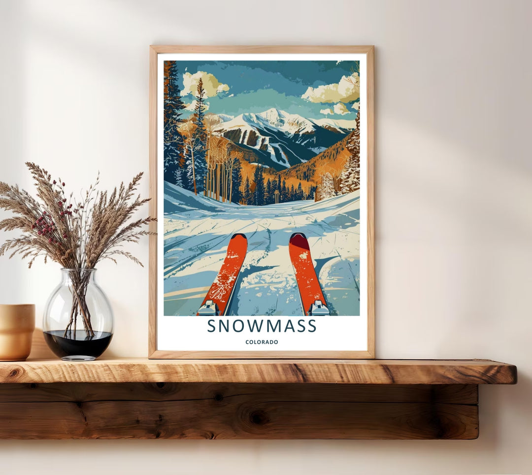 A bold graphic travel poster capturing the historic alpine trails, orange forests, and dramatic mountain ridges of Snowmass Colorado, ready to order as an unframed print or a natural wood framed art piece.