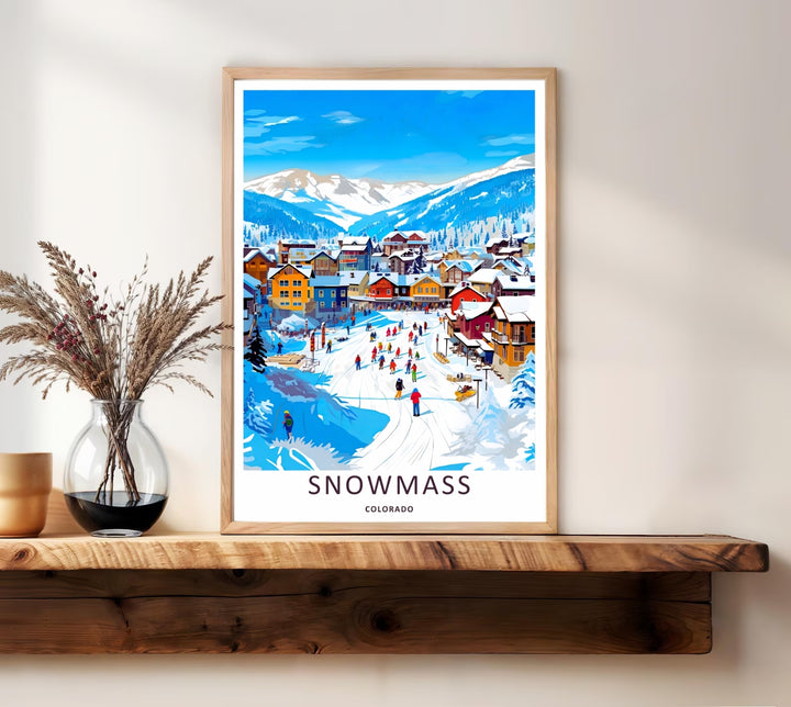 Bright and colorful winter decor featuring the lively ski resort community of Snowmass Colorado nestled directly beneath the snow-capped mountain peaks of the majestic Rocky Mountains.