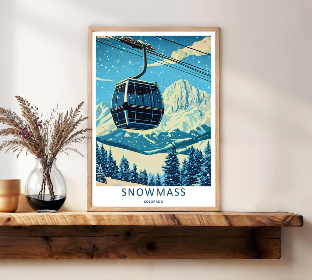 A unique retro travel illustration of the close-up ski lift gondola in Snowmass Colorado seen through a heavy flurry of falling snow with jagged, snow-capped alpine ridges rising in the background.